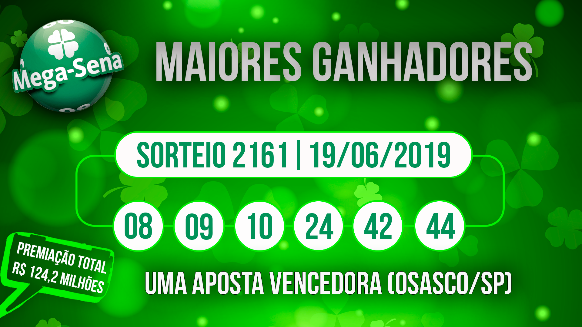 Concurso 2.161, 19/6/2019; 1 aposta vencedora de Osasco/SP; premiação total: R$ 124,2 milhões