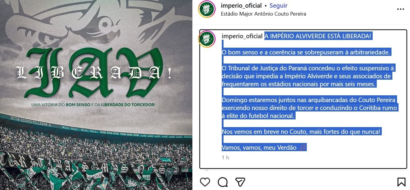 Justiça libera volta da Império Alviverde aos estádios